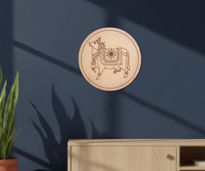 MDF cow motif pre marked round base for DIY painting and decorative craft projects, mounted on wall