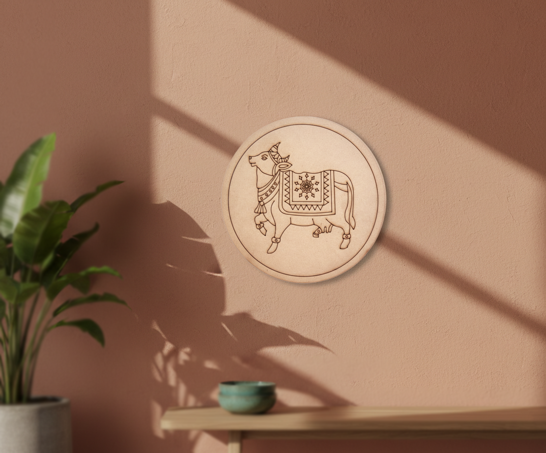 MDF cow motif pre marked round base for DIY painting and decorative craft projects, mounted on wall