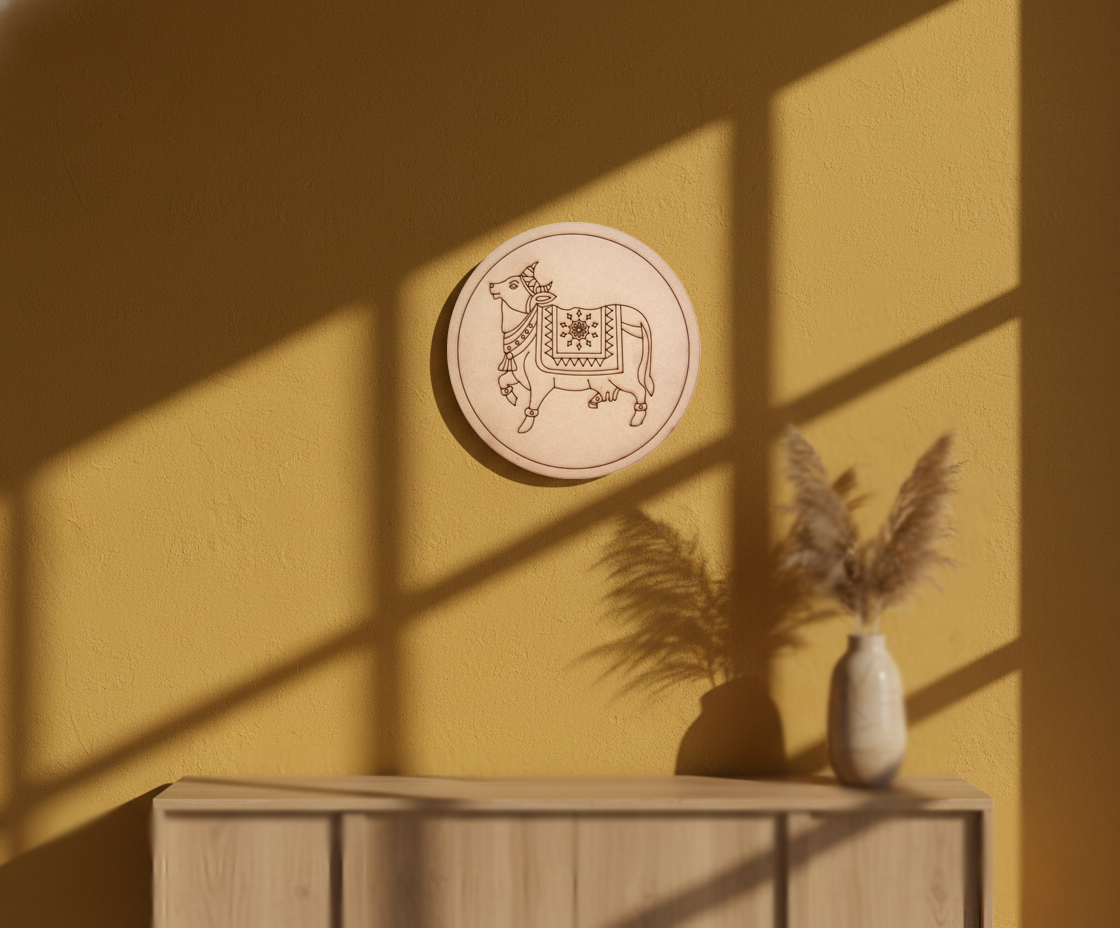 MDF cow motif pre marked round base for DIY painting and decorative craft projects, mounted on wall