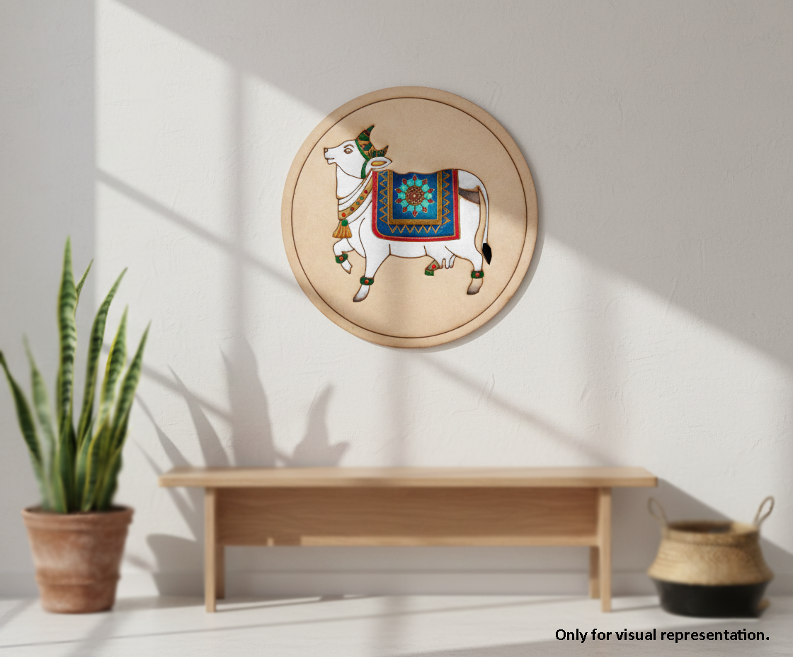 painted MDF cow motif pre marked round base for DIY painting and decorative craft projects, mounted on wall