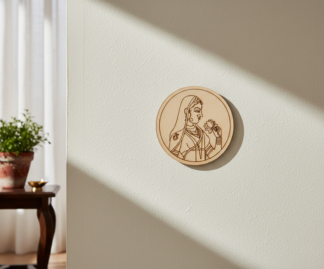 MDF traditional lady pre marked round base for DIY painting and decorative craft projects, mounted on wall