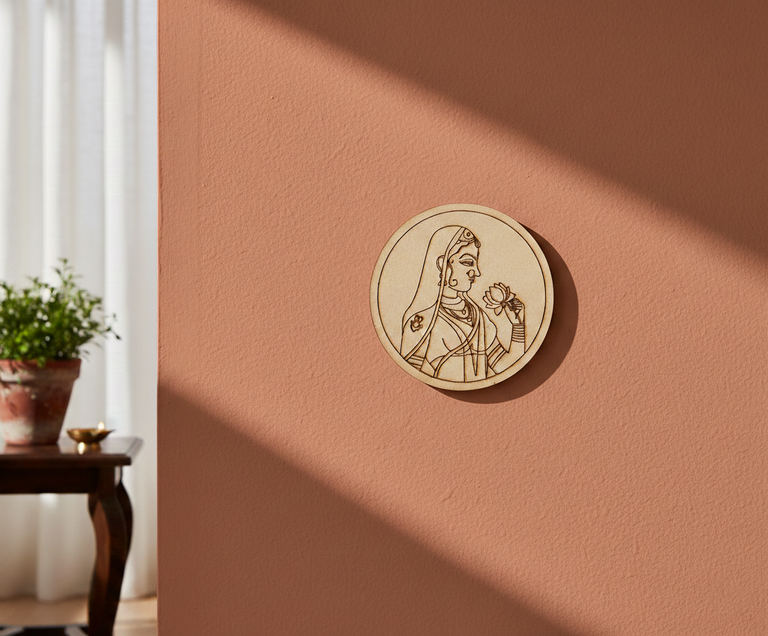 MDF traditional lady pre marked round base for DIY painting and decorative craft projects, mounted on wall