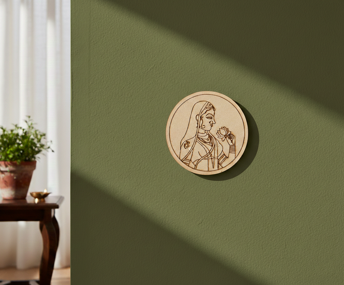 MDF traditional lady pre marked round base for DIY painting and decorative craft projects, mounted on wall