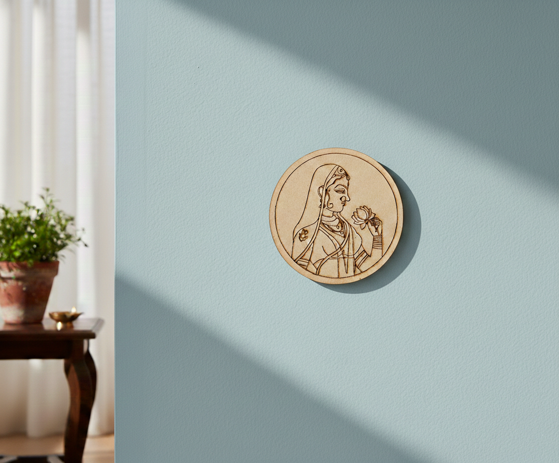 MDF traditional lady pre marked round base for DIY painting and decorative craft projects, mounted on wall