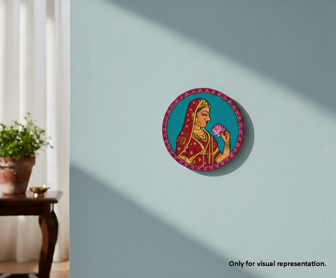Painted MDF traditional lady pre marked round base for DIY painting and decorative craft projects, mounted on wall