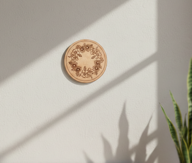 MDF floral wreath pre marked round base for DIY painting and decorative craft projects, mounted on wall