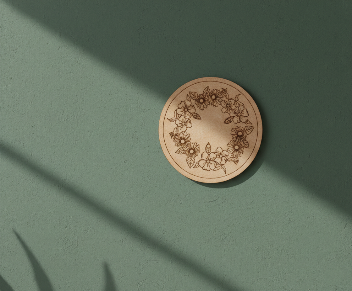 MDF floral wreath pre marked round base for DIY painting and decorative craft projects, mounted on wall