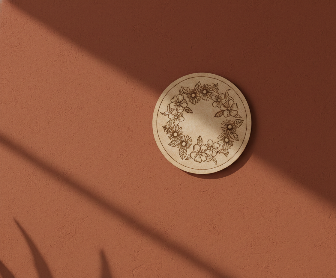 MDF floral wreath pre marked round base for DIY painting and decorative craft projects, mounted on wall