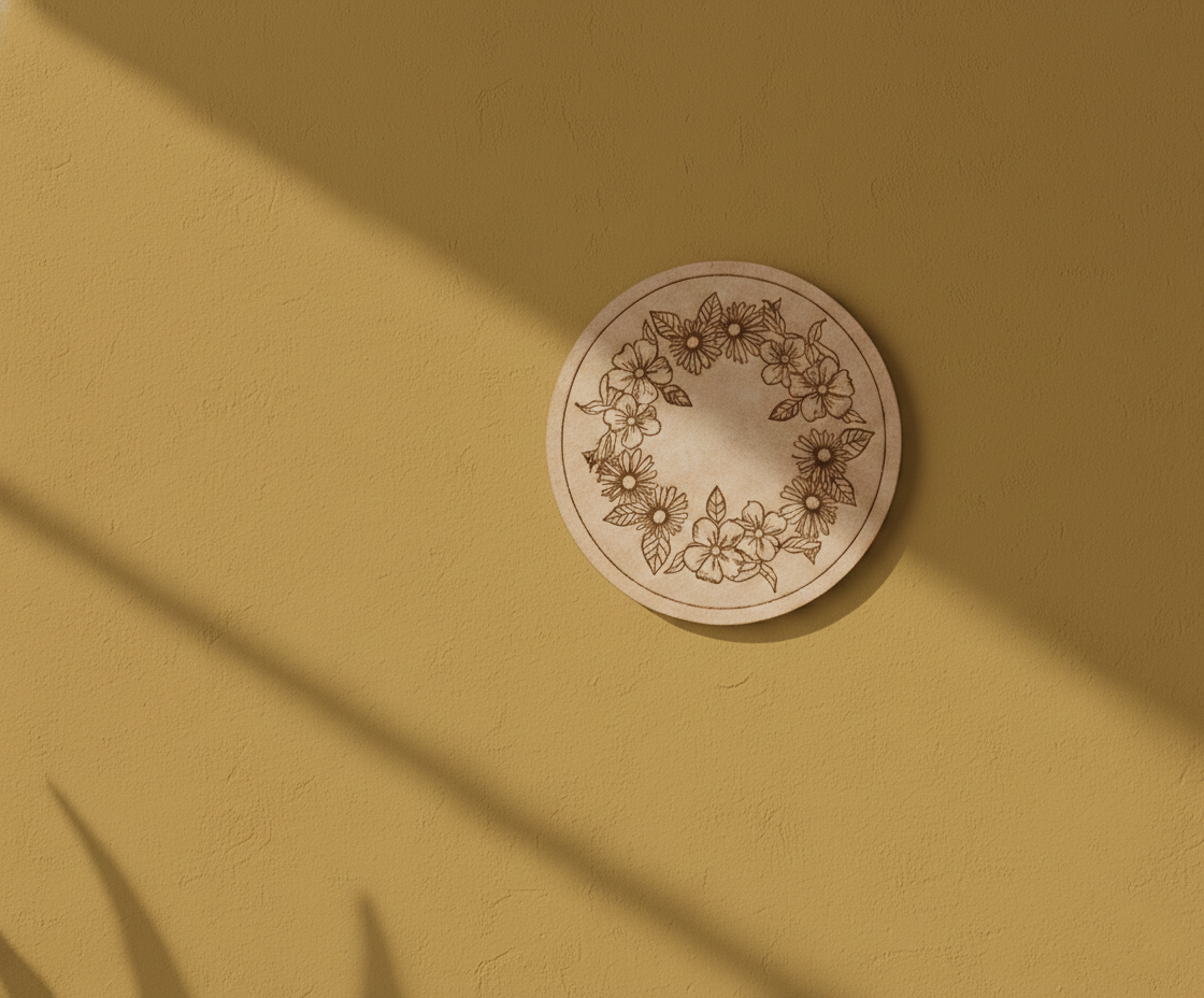 MDF floral wreath pre marked round base for DIY painting and decorative craft projects, mounted on wall