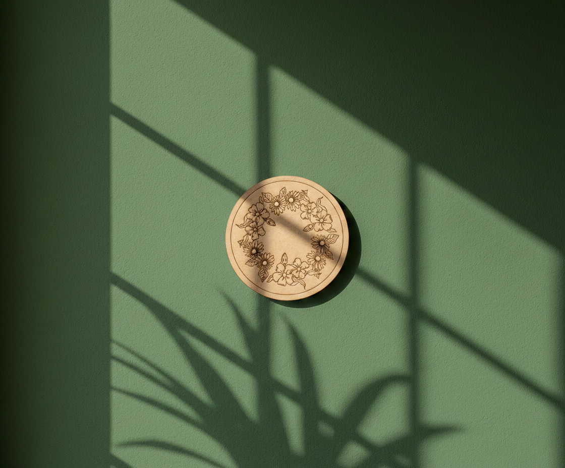 MDF floral wreath pre marked round base for DIY painting and decorative craft projects, mounted on wall