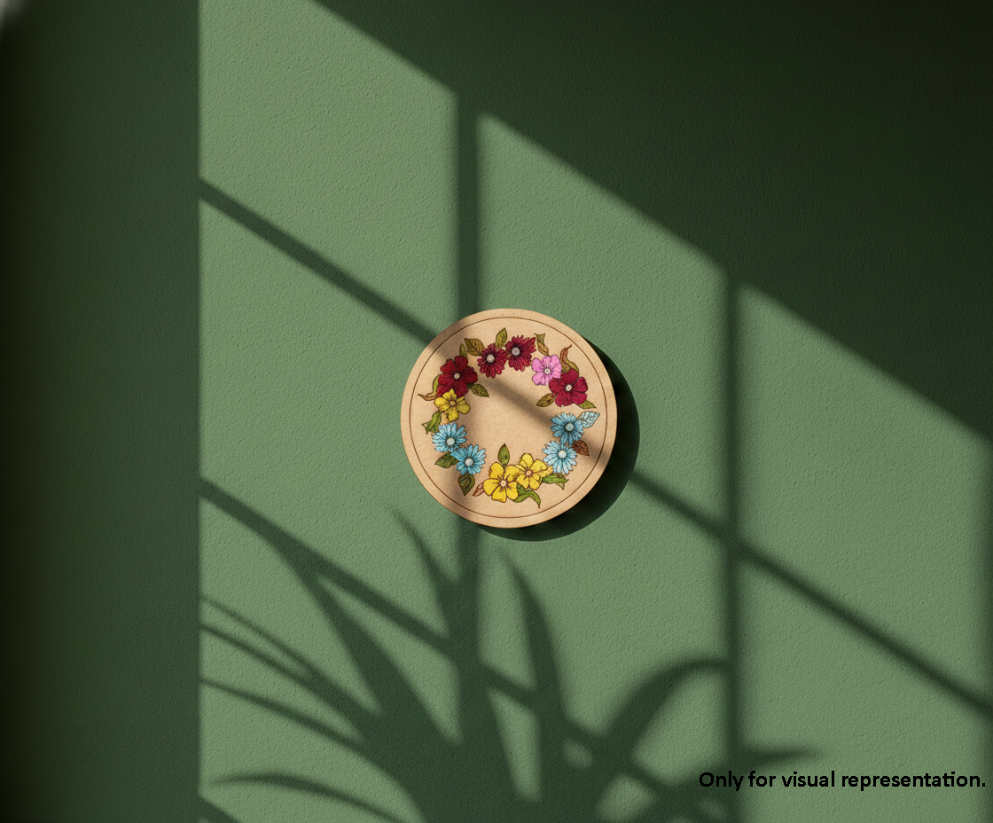 Painted MDF floral wreath pre marked round base for DIY painting and decorative craft projects, mounted on wall