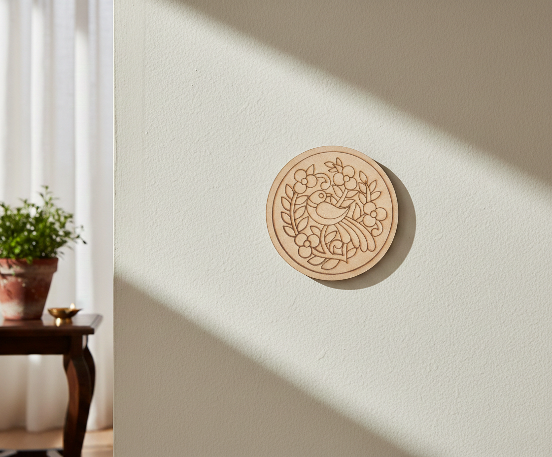 MDF bird floral pre marked round base for DIY painting and decorative craft projects, mounted on wall