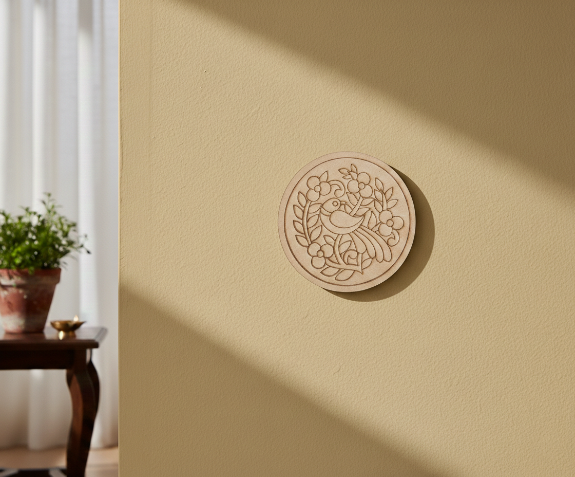 MDF bird floral pre marked round base for DIY painting and decorative craft projects, mounted on wall