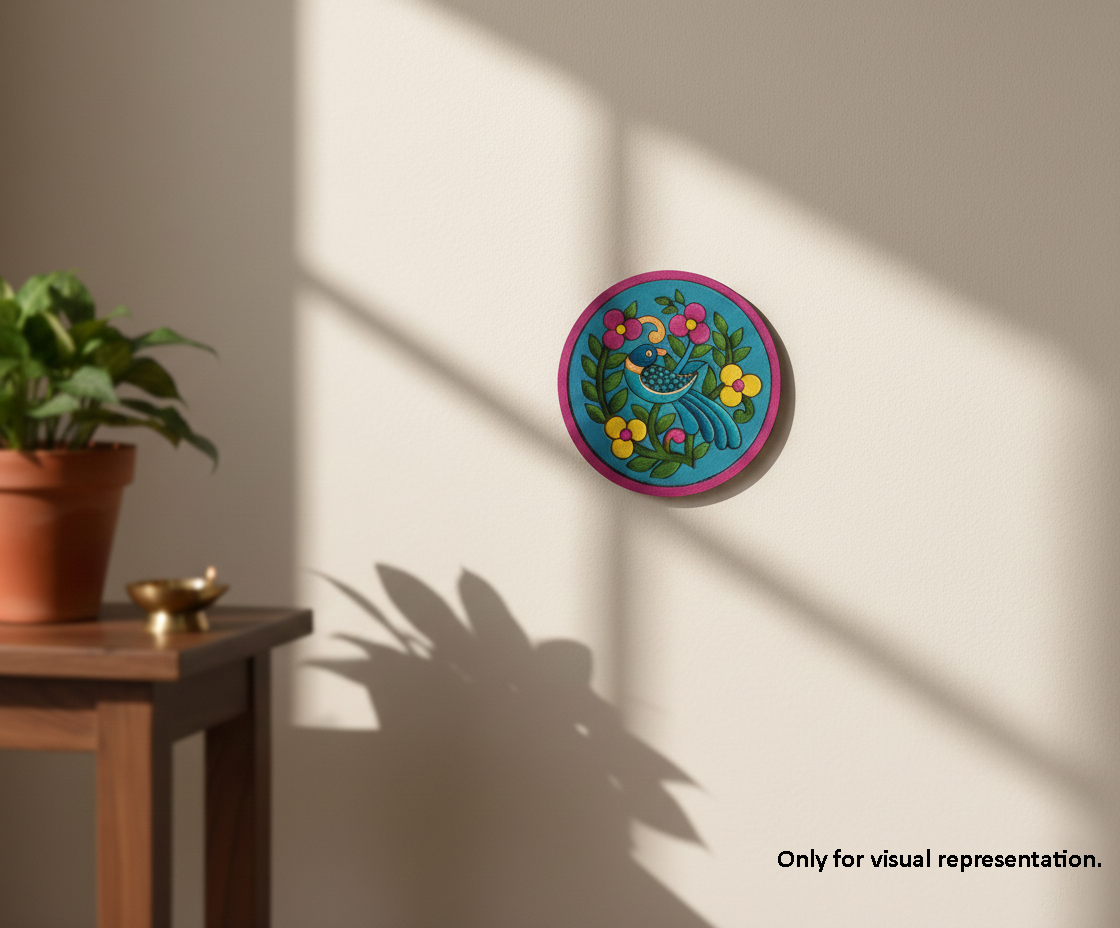 painted MDF bird floral pre marked round base for DIY painting and decorative craft projects, mounted on wall