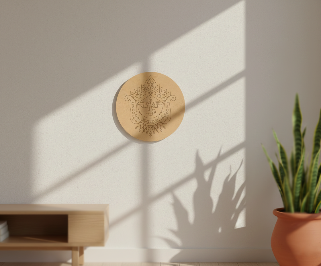 MDF goddess face pre marked round base for DIY painting and decorative craft projects, mounted on wall