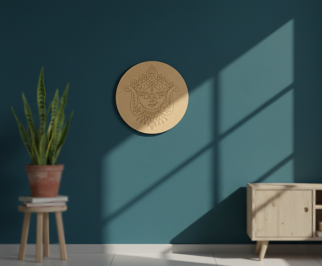 MDF goddess face pre marked round base for DIY painting and decorative craft projects, mounted on wall