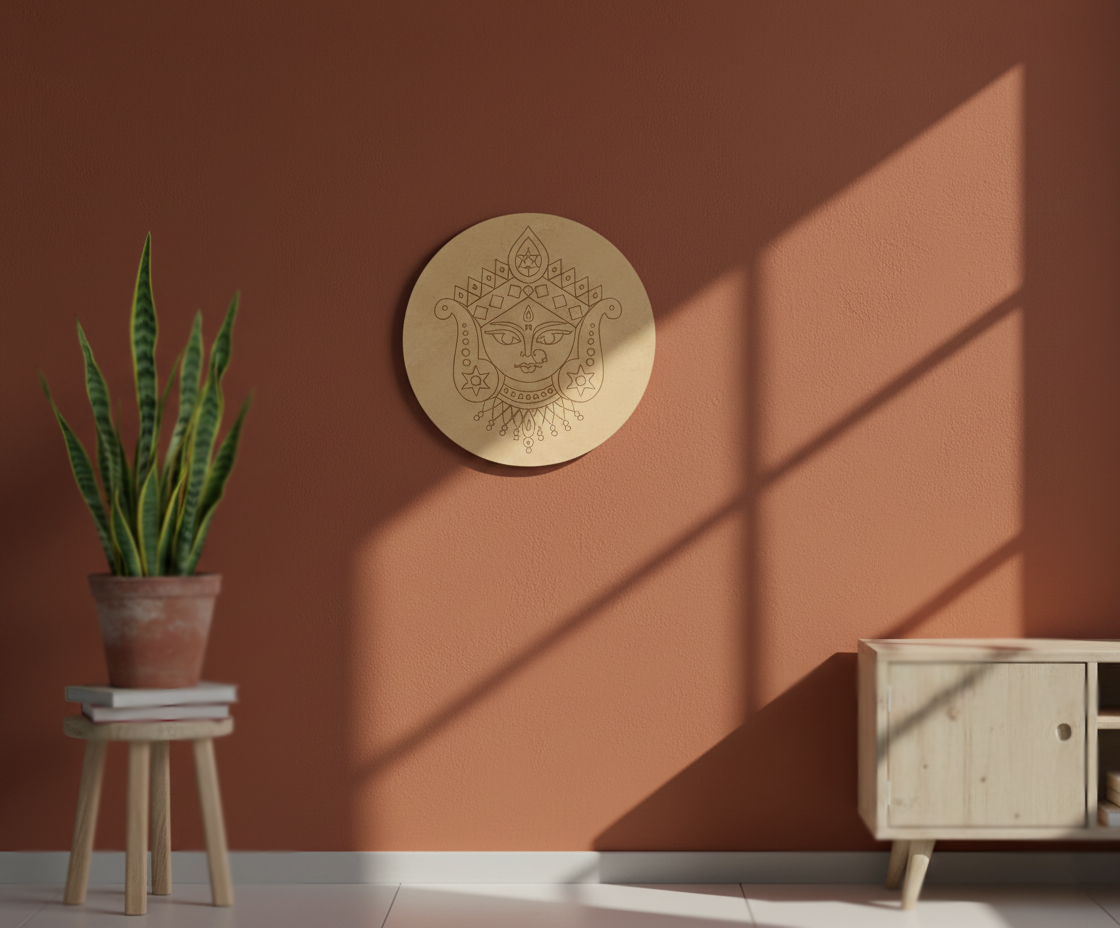 MDF goddess face pre marked round base for DIY painting and decorative craft projects, mounted on wall