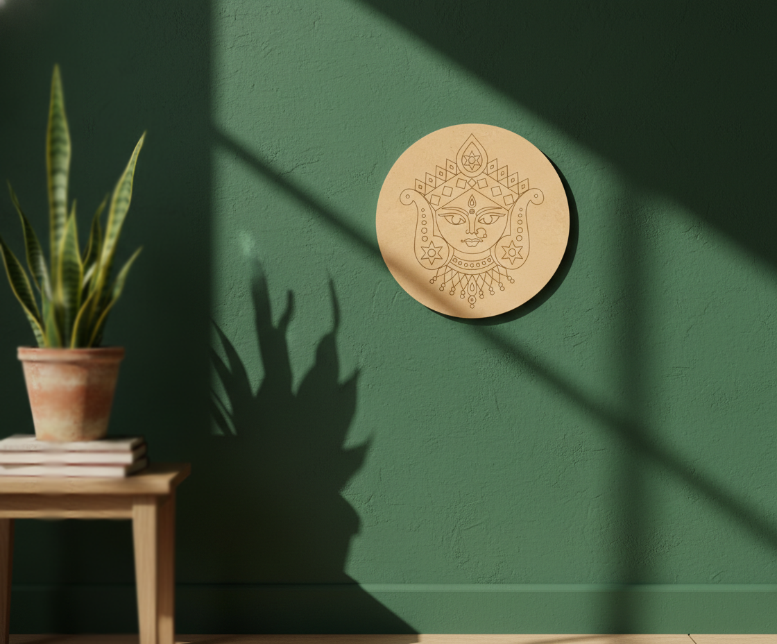 MDF goddess face pre marked round base for DIY painting and decorative craft projects, mounted on wall