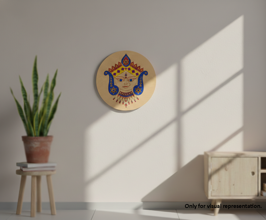 Painted MDF goddess face pre marked round base for DIY painting and decorative craft projects, mounted on wall