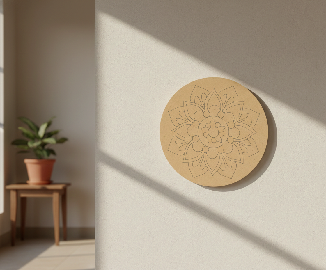 MDF mandala floral pre marked round base for DIY painting and decorative craft projects, mounted on wall
