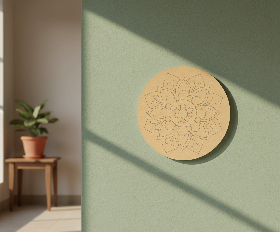 MDF mandala floral pre marked round base for DIY painting and decorative craft projects, mounted on wall