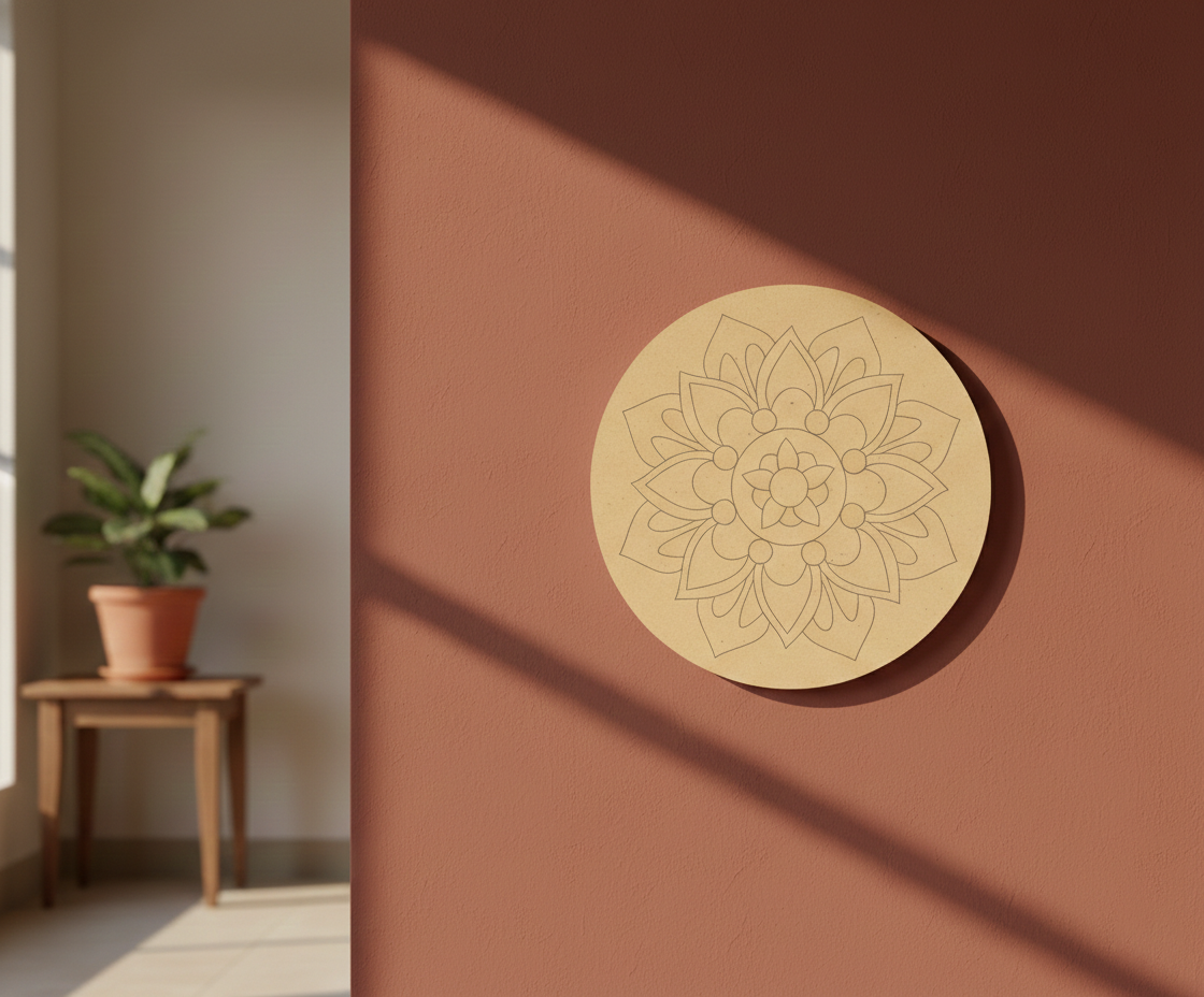 MDF mandala floral pre marked round base for DIY painting and decorative craft projects, mounted on wall