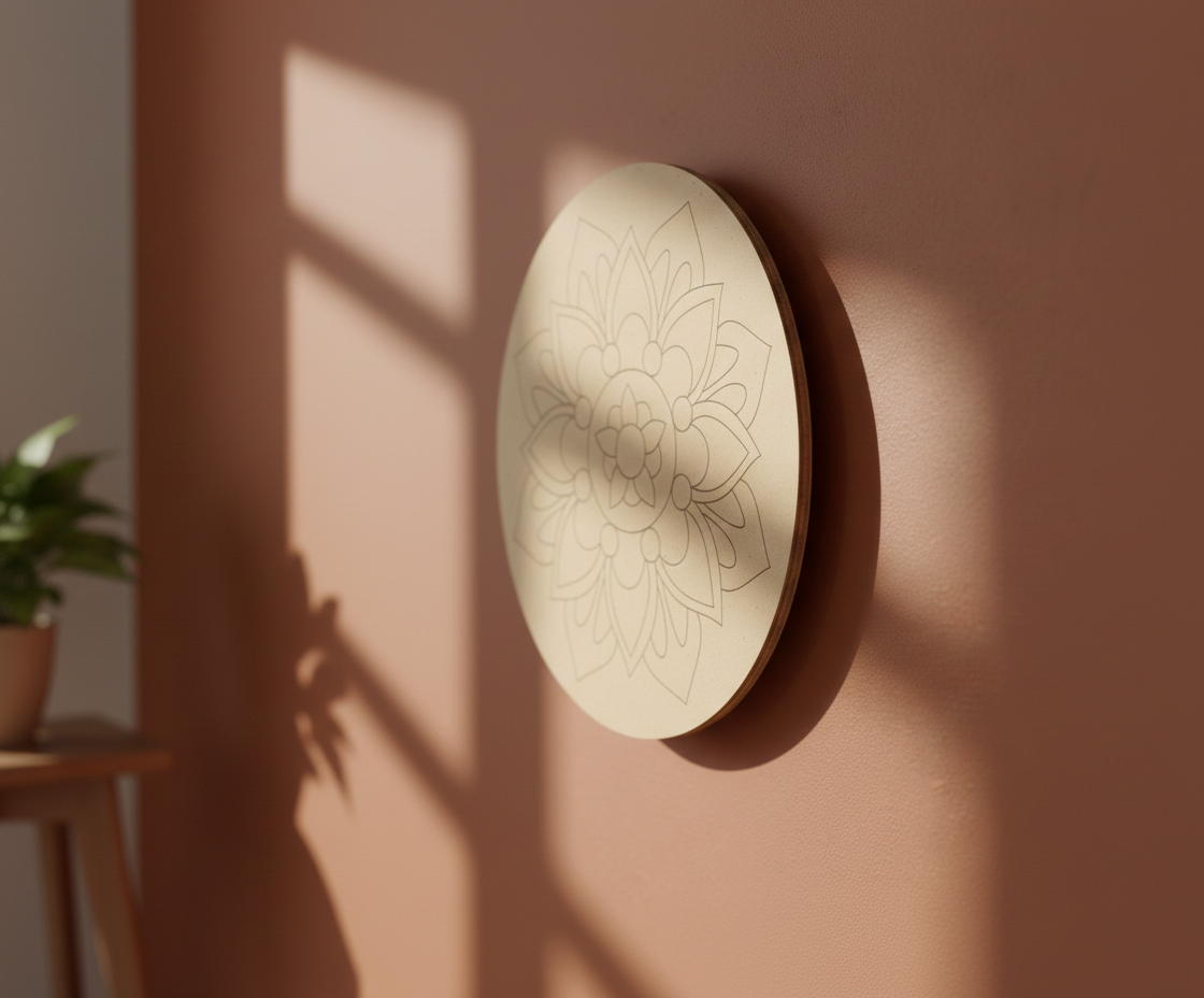 MDF mandala floral pre marked round base for DIY painting and decorative craft projects, mounted on wall show by side angle 