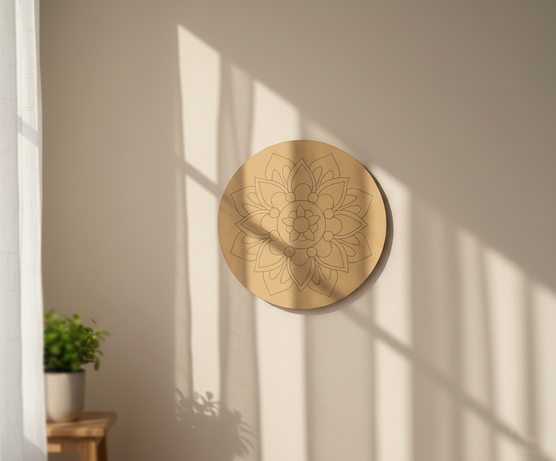 MDF mandala floral pre marked round base for DIY painting and decorative craft projects, mounted on wall