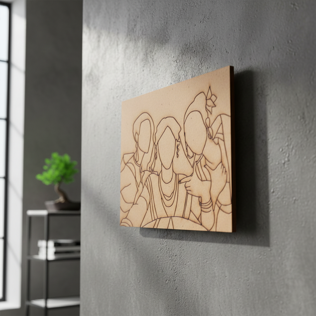 DIY traditional painting MDF board with three women design hanging on wall show by side angle 