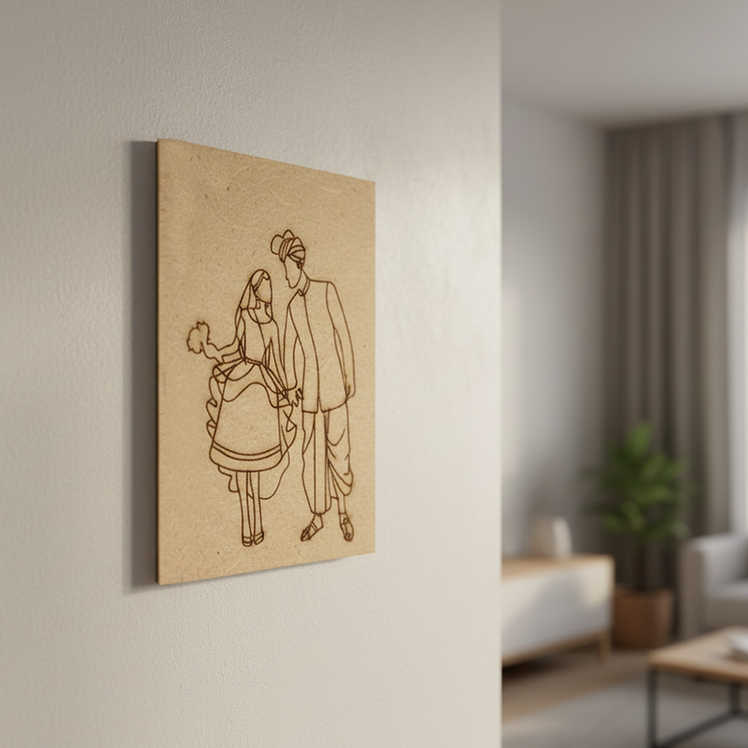 Unpainted MDF DIY Punjabi couple painting kit with engraved traditional design – perfect for hand-painting and wall décor, mounted on wall