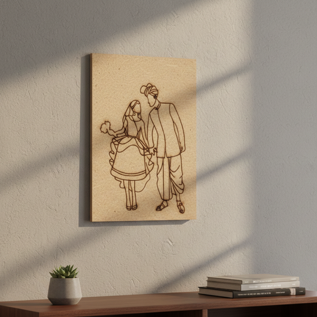 Unpainted MDF DIY Punjabi couple painting kit with engraved traditional design – perfect for hand-painting and wall décor, mounted on wall