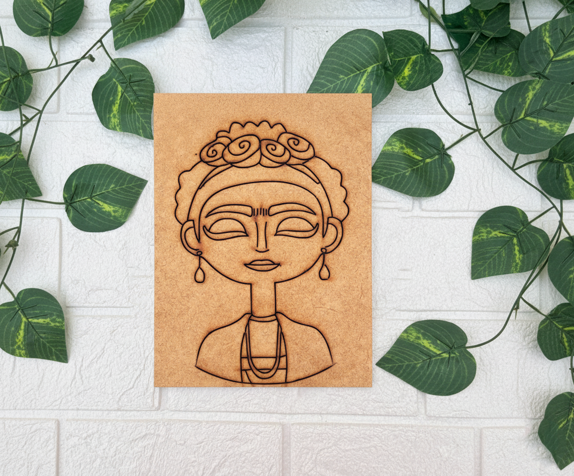 DIY MDF painting base with engraved outline of Frida Kahlo portrait – blank craft board