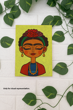 Colorful painted Frida Kahlo portrait on MDF board with bright yellow background