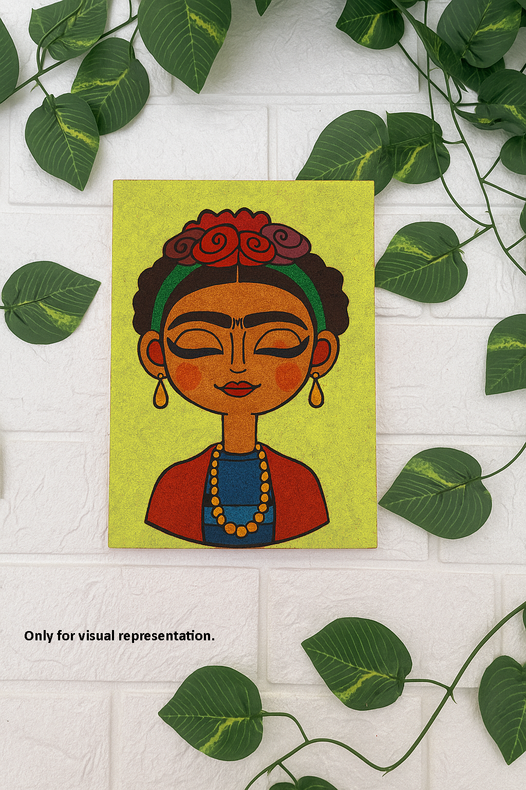 Colorful painted Frida Kahlo portrait on MDF board with bright yellow background