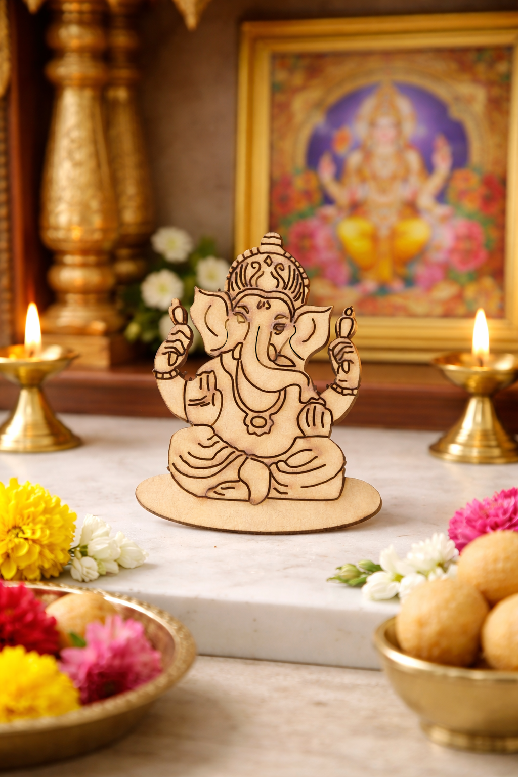 MDF DIY  Ganesha figure on a marble surface with flowers and candles in the background