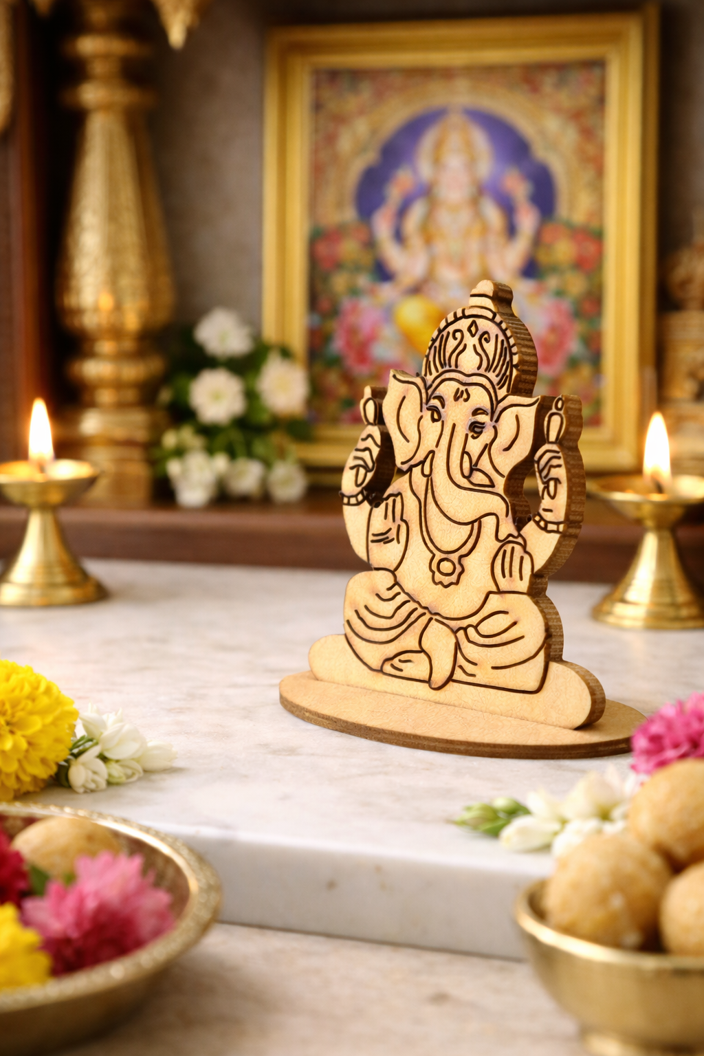 MDF DIY  Ganesha statue on a marble surface with flowers and candles in the background 