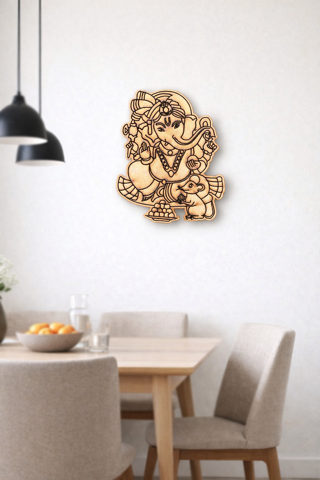 MDF DIY wall decor of a deity figure in a dining room setting
