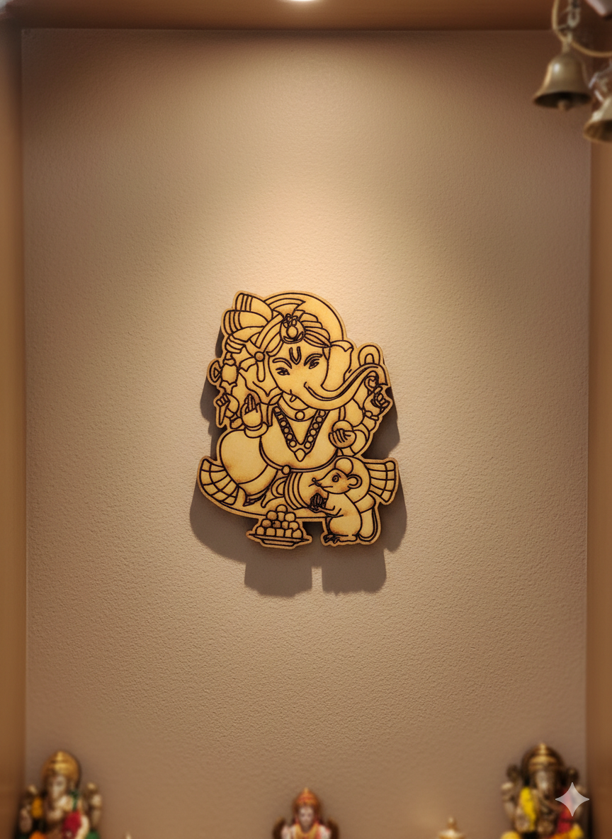 Decorative MDF DIY wall art of a deity on a beige wall