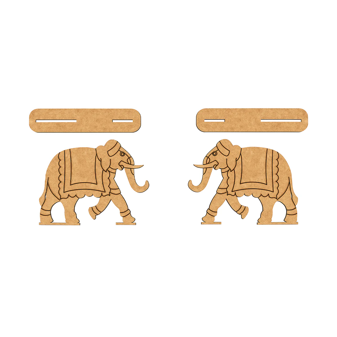 Two DIY MDF  elephant toys with decorative patterns on a white background