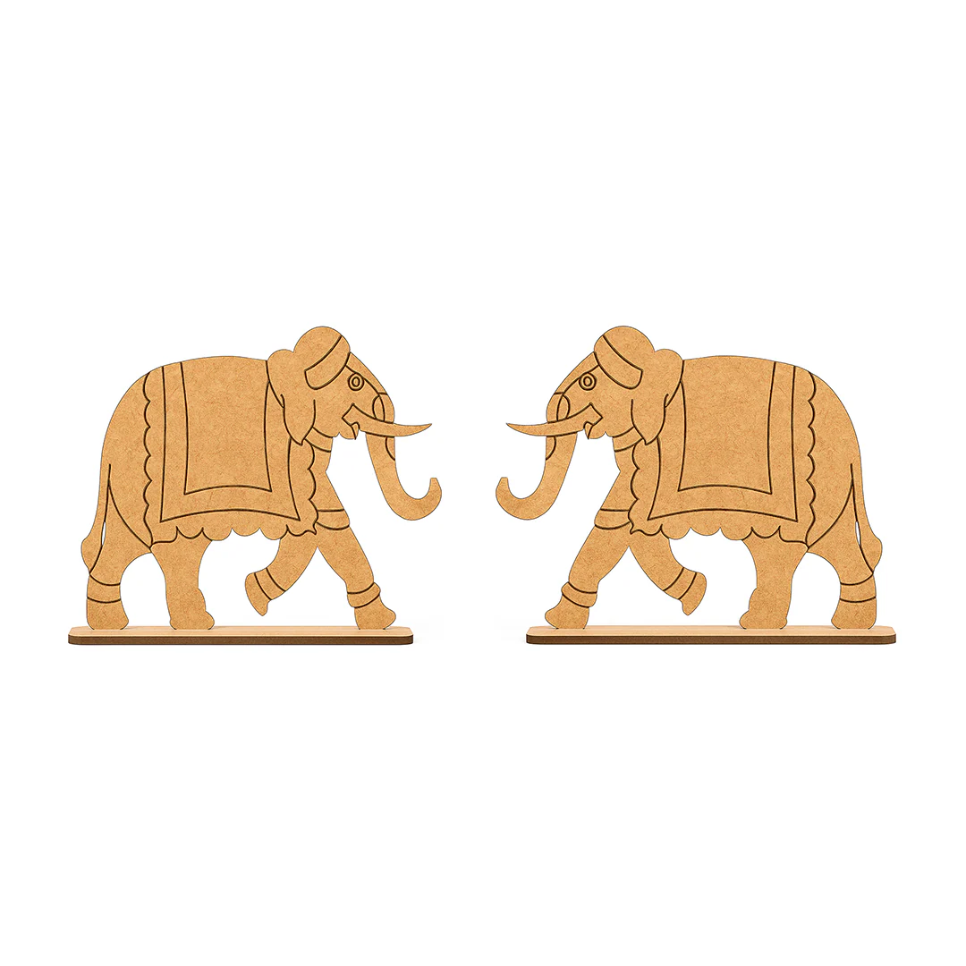 Two mdf elephant figurines on a white background