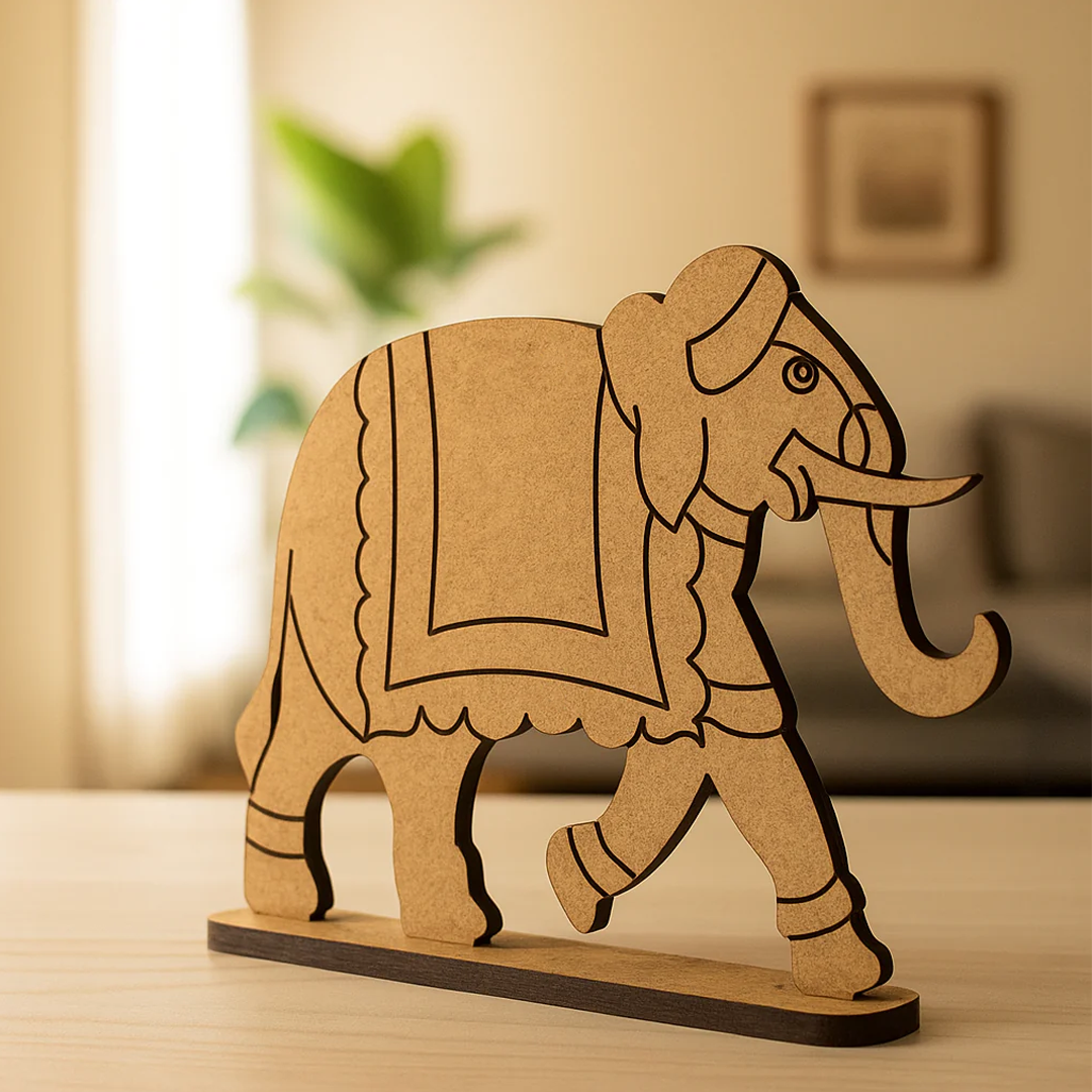 DIY MDF elephant figurine on a table with a blurred indoor background