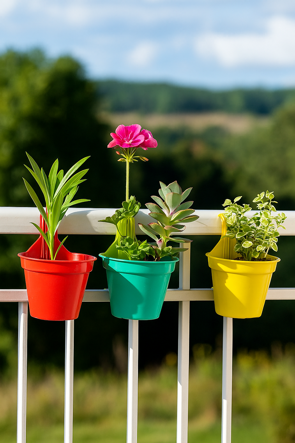 colorful hanging planters in red, green, and yellow attached to a balcony railing, each holding different plants including one with a pink flower