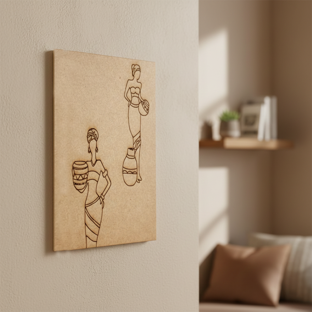 Unpainted MDF Traditional Warli Art Panel with Tribal Dance and Music Design, mounted on wall