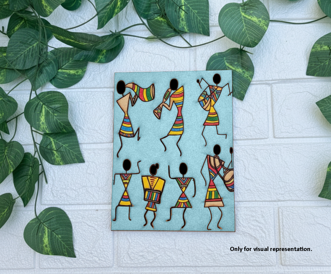 Colorful Painted Warli Art Panel Showing Dancing Tribal Figures – Visual Representation