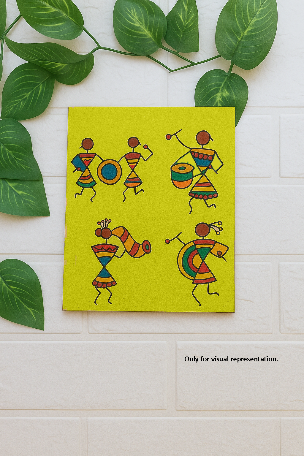 Colorful finished Warli musicians painting on MDF board with bright yellow background – sample for inspiration