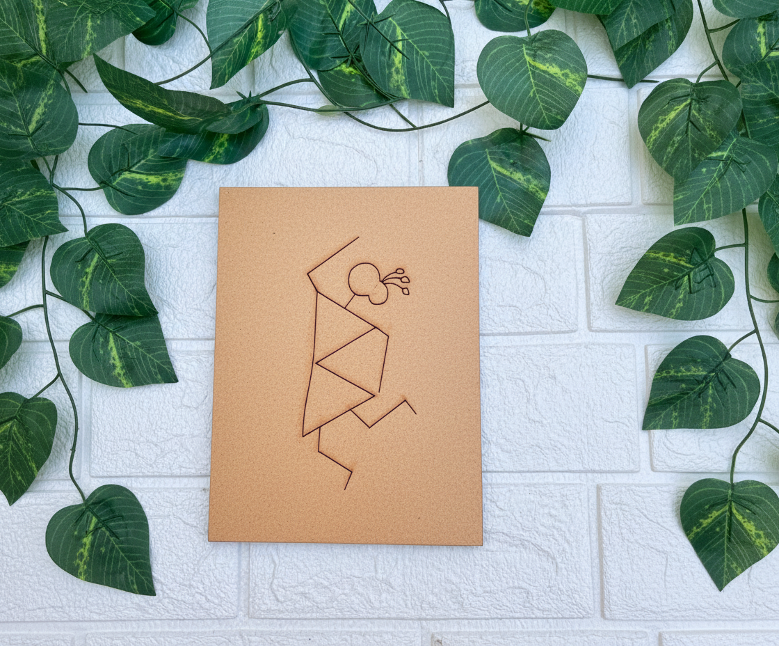 DIY MDF traditional painting base with engraved Warli dancing lady design, perfect for hand painting.