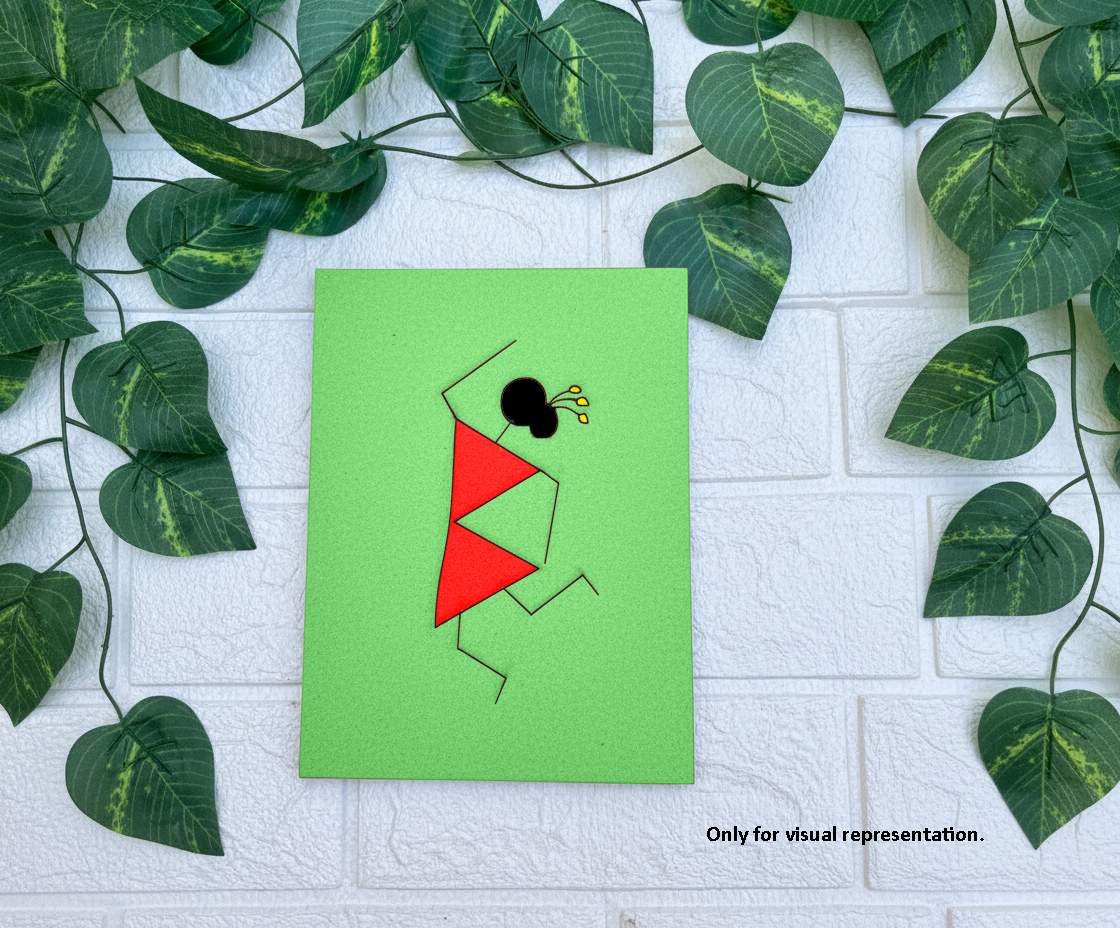 Hand-painted Warli tribal lady on MDF board in red and green for visual representation.