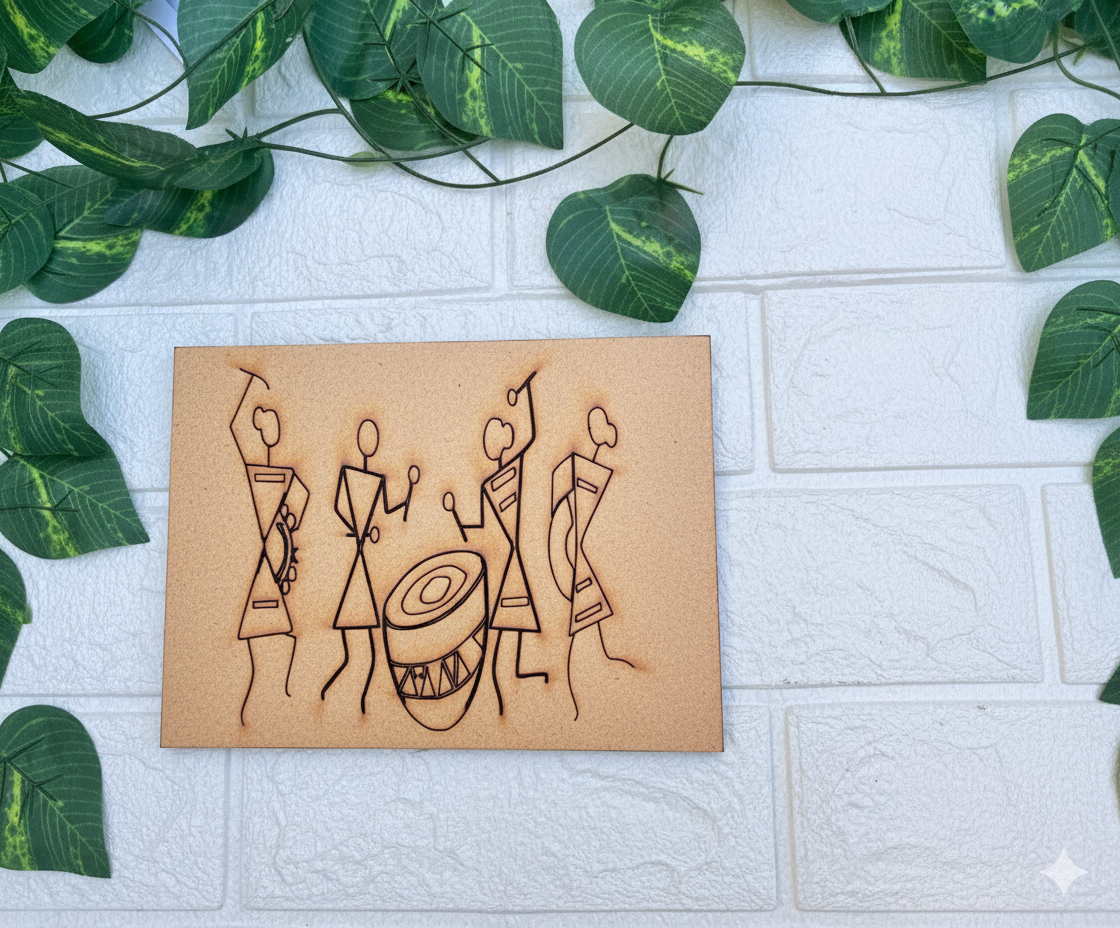 Unpainted MDF Warli art base with tribal musicians and drum, perfect for DIY painting