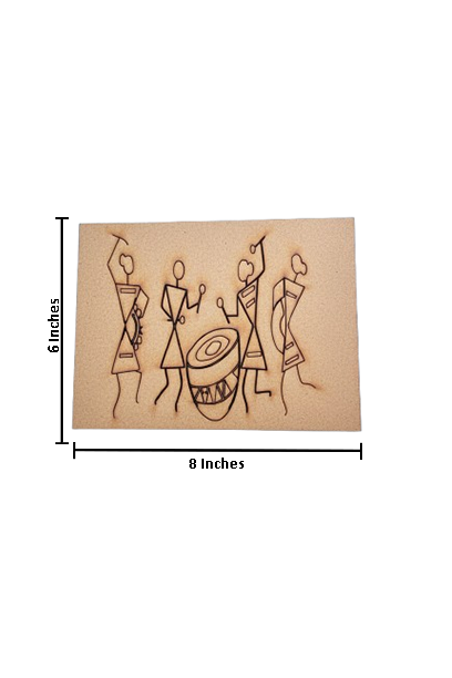 Unpainted MDF Warli art base with tribal musicians and drum, perfect for DIY painting with size