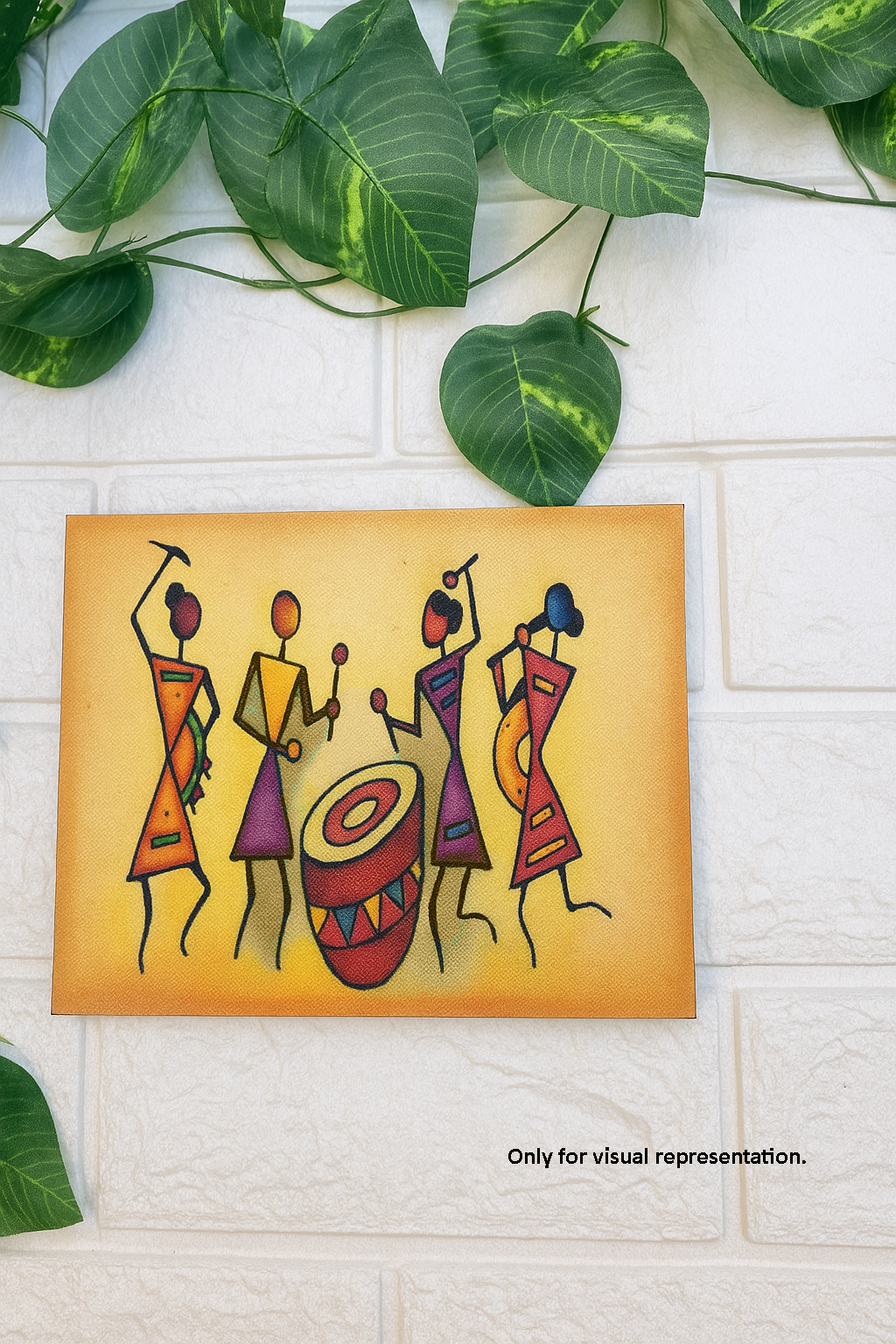 Painted Warli tribal art with vibrant colors, showing four dancers and a drummer on MDF
